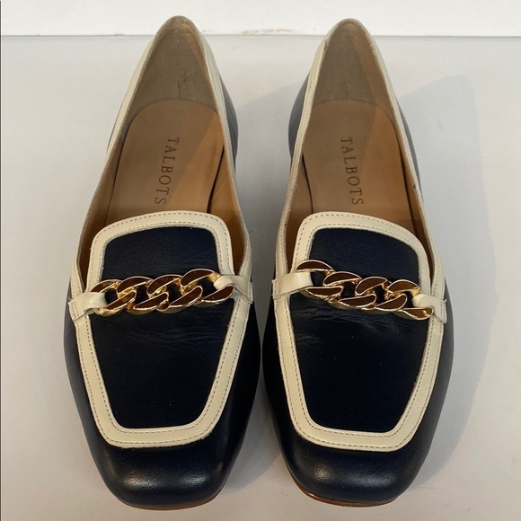 Talbots Shoes - Talbots Estelle Chain Square Toe Leather Loafers Navy White Sz 6.5